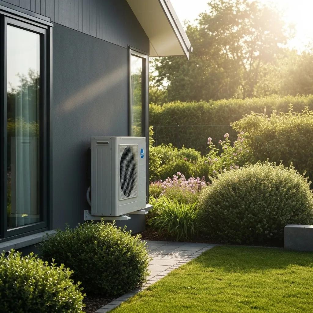 Modern heat pump installation outside a stylish home, emphasizing energy efficiency and comfort
