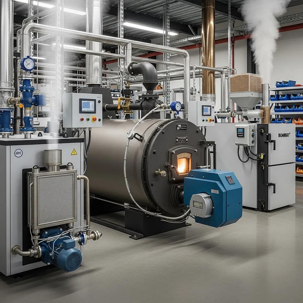 Different commercial boilers installed in an industrial plant room