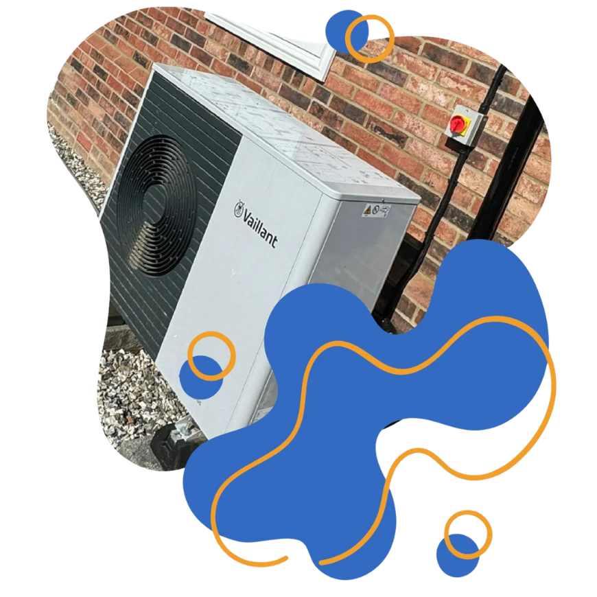 Heat pump unit by Vaillant installed against a brick wall, featuring a cooling fan and electrical connections, illustrating efficient heating system maintenance.