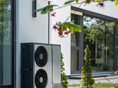 A modern air source heat pump installed neatly outside a home, showcasing its energy-efficient and renewable heating capabilities