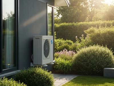 Modern heat pump installation outside a stylish home, emphasizing energy efficiency and comfort